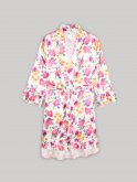 Floral print satin dressing gown with ruffles