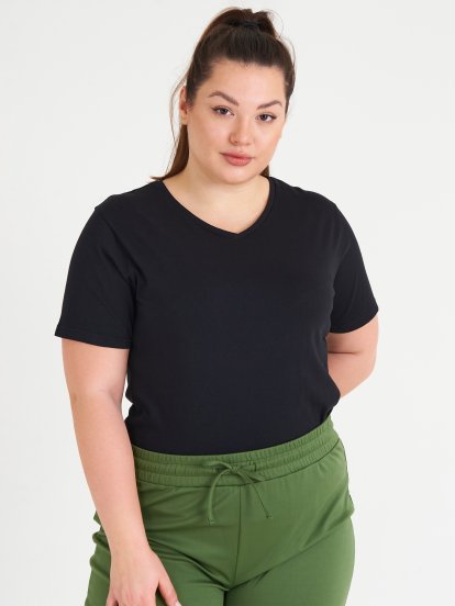 Základné bavlnené tričko s krátkym rukávom s výstrihom dámske plus size