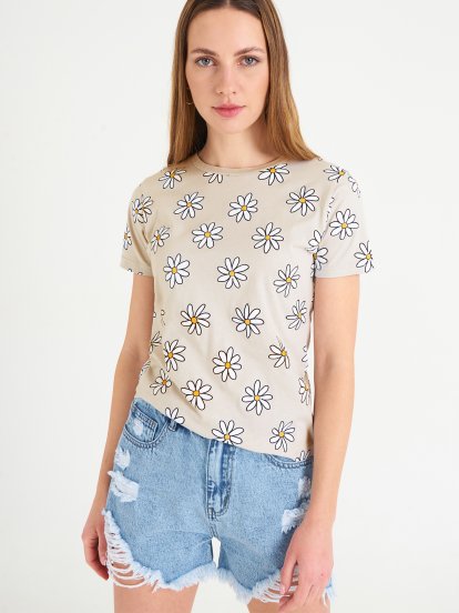 Flower print cotton t-shirt