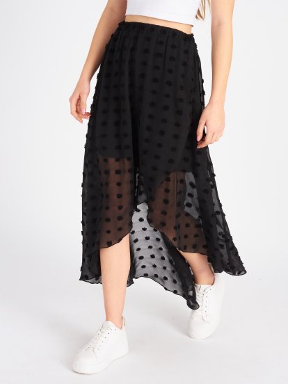 Low high polka dot midi skirt