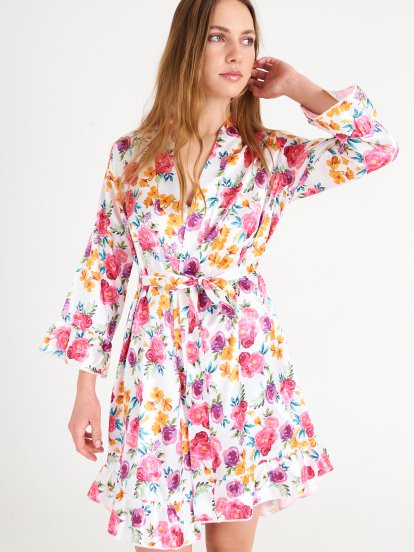 Floral print satin dressing gown with ruffles