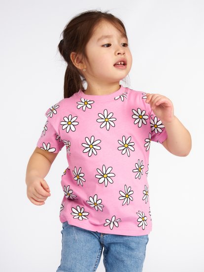 Bawełniana oversize koszulka dziewczęca z kwiatowym nadrukiem
