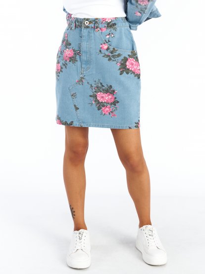 Džínová sukně s květinovým potiskem dámská
