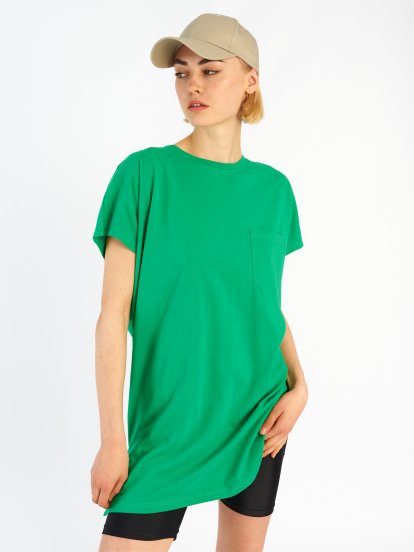 Basic basic damska wydłużona koszulka z kieszonką i rozcięciami