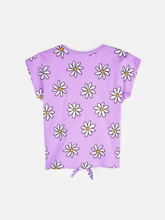 Cotton t-shirt with floral print and knot