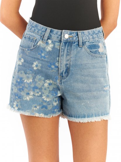 Denim shorts with flower print