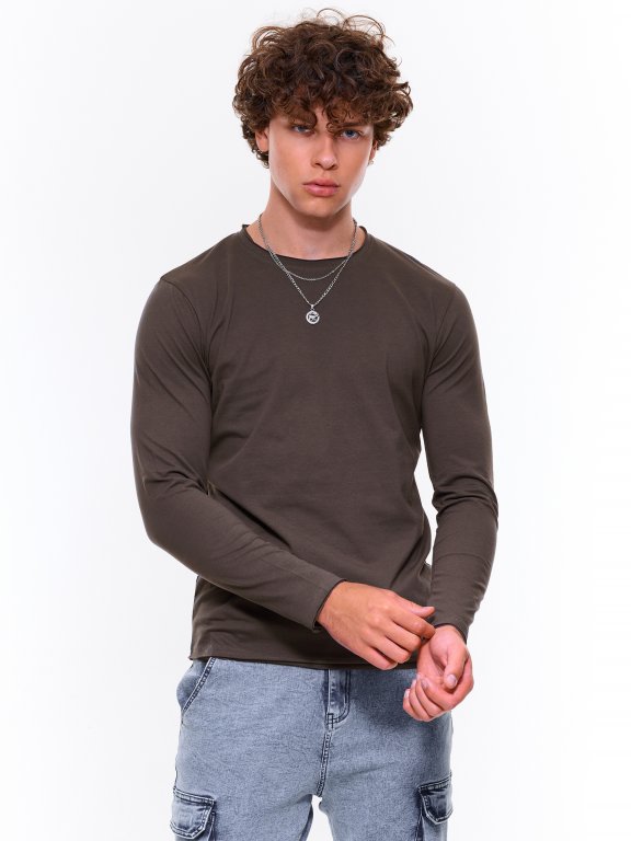 Męska koszulka z surowym brzegiem i długimi rękawami bez nadruku