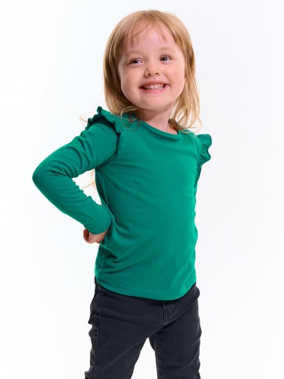 Bavlněné elastické tričko s volánky a dlouhým rukávem dívčí