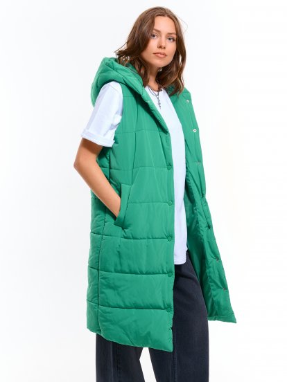 Longline quilted vest with hood