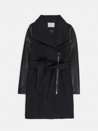 Belted coat with faux leather sleeves