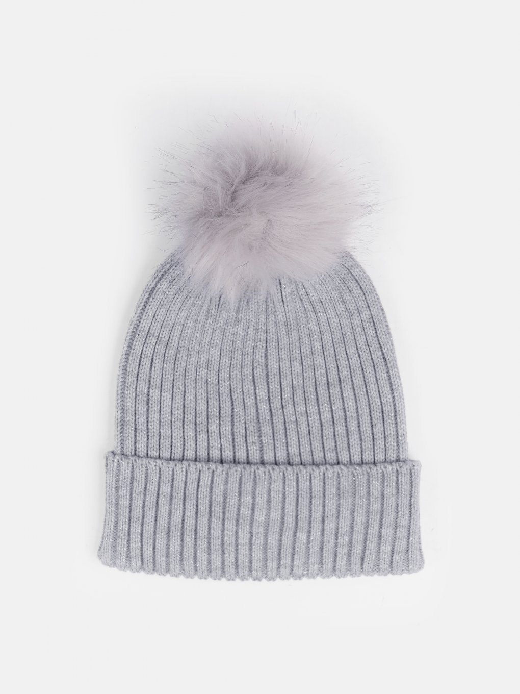 Knitted beanie with pom pom and metallic fibre