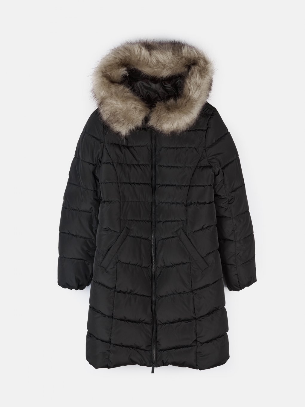 Quilted longline winter jacket with faux fur