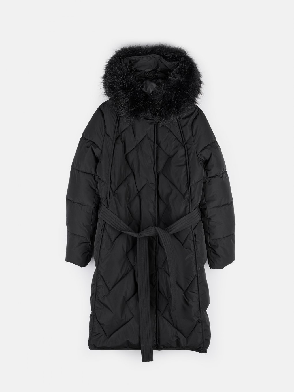 Quilted longline winter jacket with belt