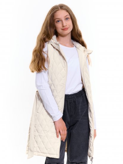Prošívaná prodloužená vesta s kapucí a páskem dívčí