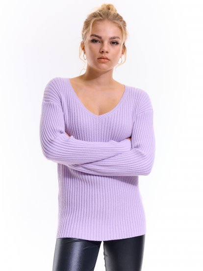 Žebrovaný pulovr s véčkovým výstřihem dámský