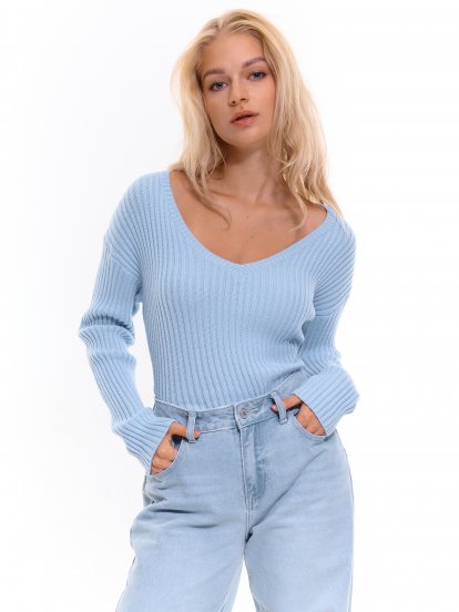 Žebrovaný pulovr s véčkovým výstřihem dámský