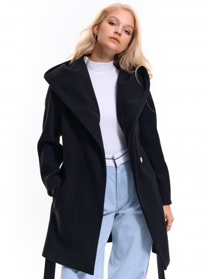 Základný kabát s kapucňou a opaskom dámsky