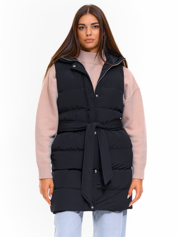 Zimní vesta s páskem a kapucí dámská