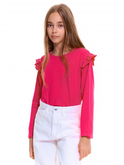 Bawełniana elastyczna koszulka z falbanami i długimi rękawami dla dziewczynek