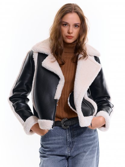 Combined faux leather coat with faux fur
