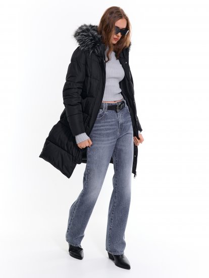 Longline quilted padded jacket with faux furt