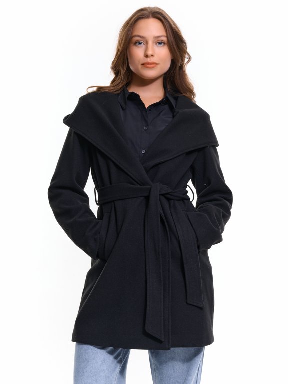 Základní basic kabát s kapucí a páskem