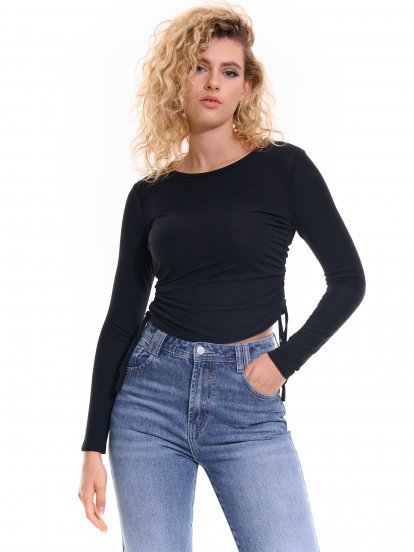 Side drawstring crop top with long sleeves