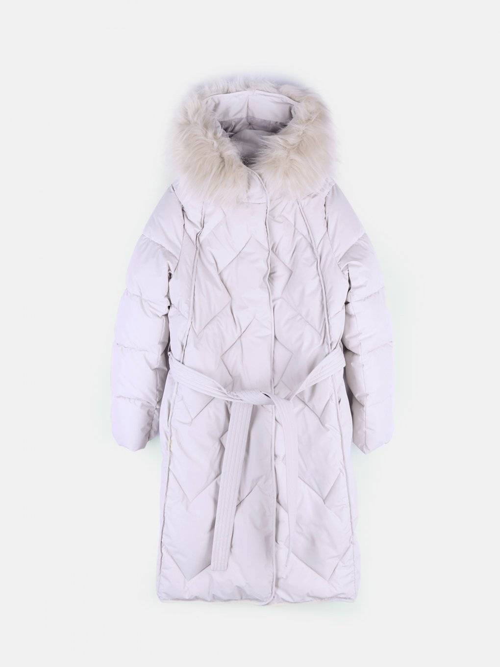Pikowana, długa kurtka zimowa z paskiem