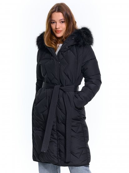 Quilted longline winter jacket with belt