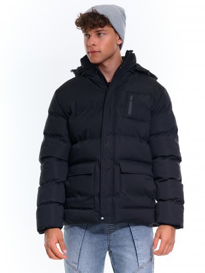 Quilted padded winter jacket with removable hood