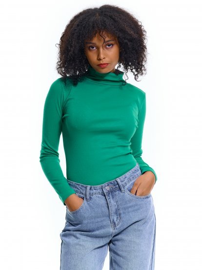 Ženski osnovni pulover z visokim ovratnikom iz rebraste pletenine
