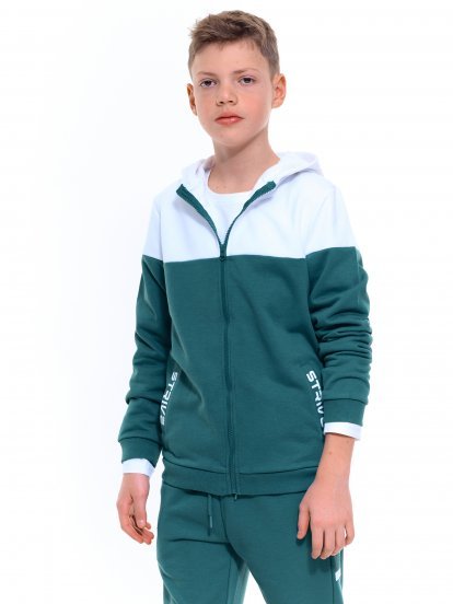 Colour block zip-up hoodie with pocket print