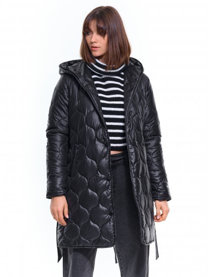 Quilted winter padded jacket with belt