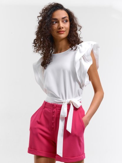 Ladies blouse with belt and ruffgled sleeves