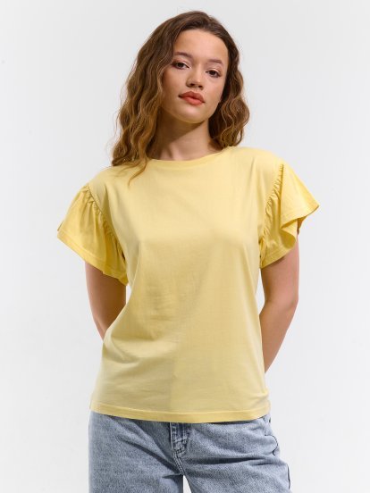 Basic T-Shirt mit Rüschen aus Baumwolle