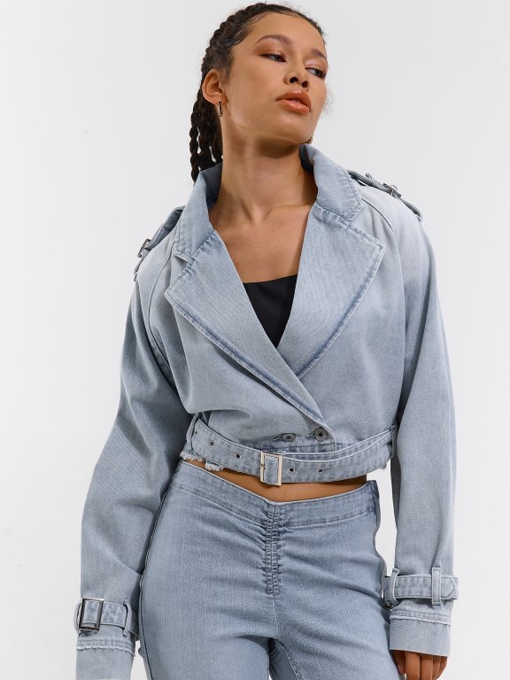 Cropped denim trench coat