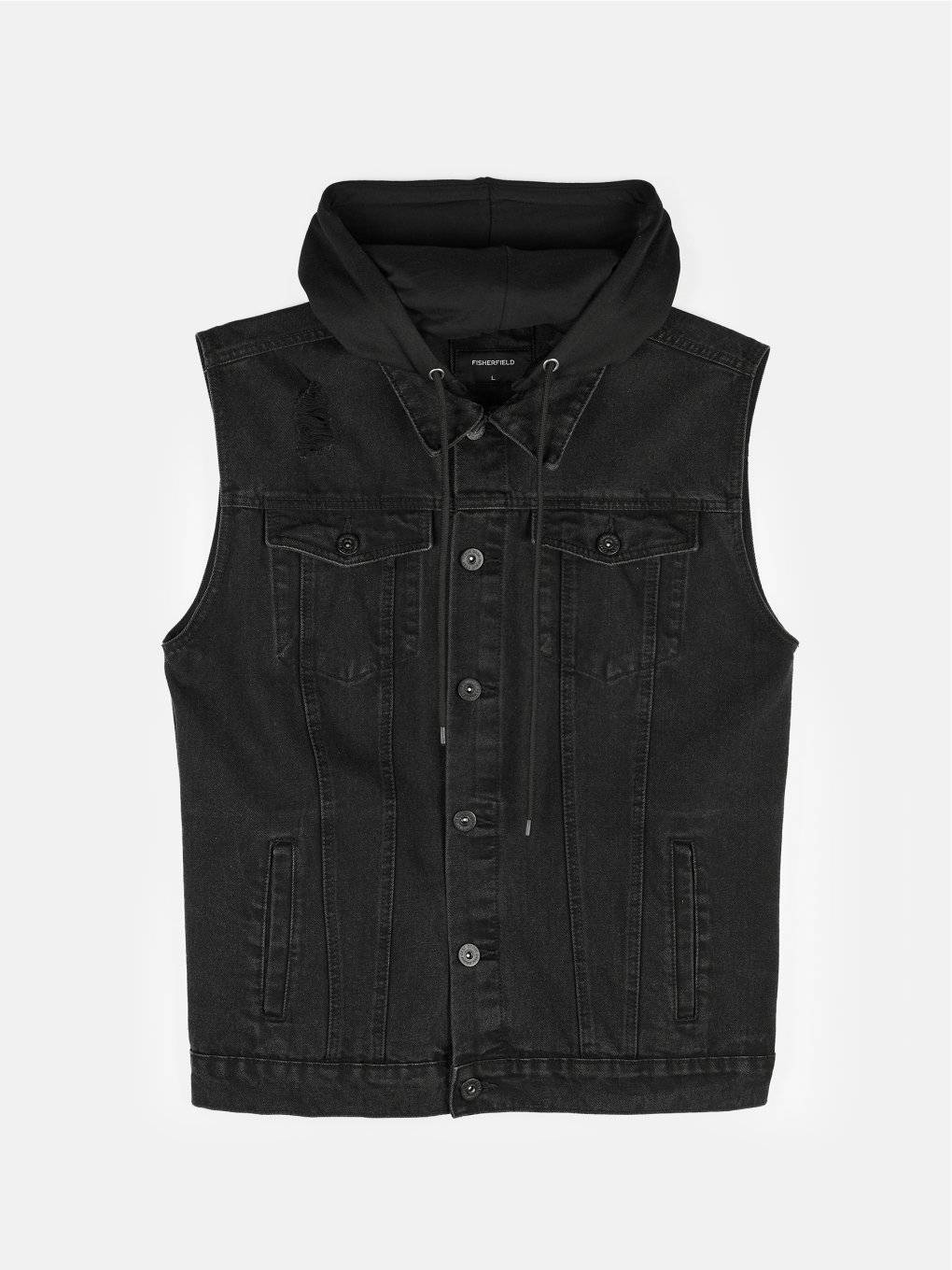 Denim vest with removable hood