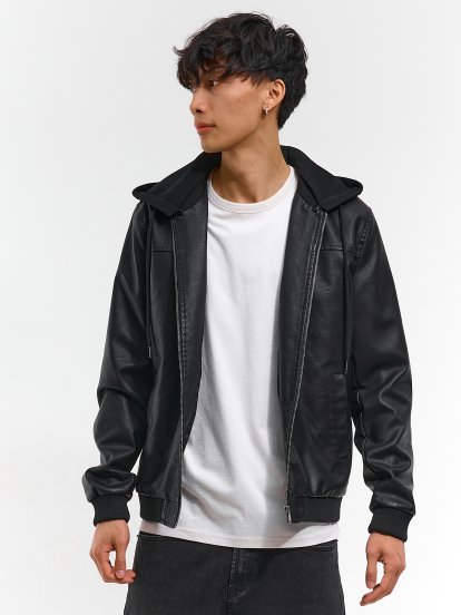 Faux leather jacket with removable hood