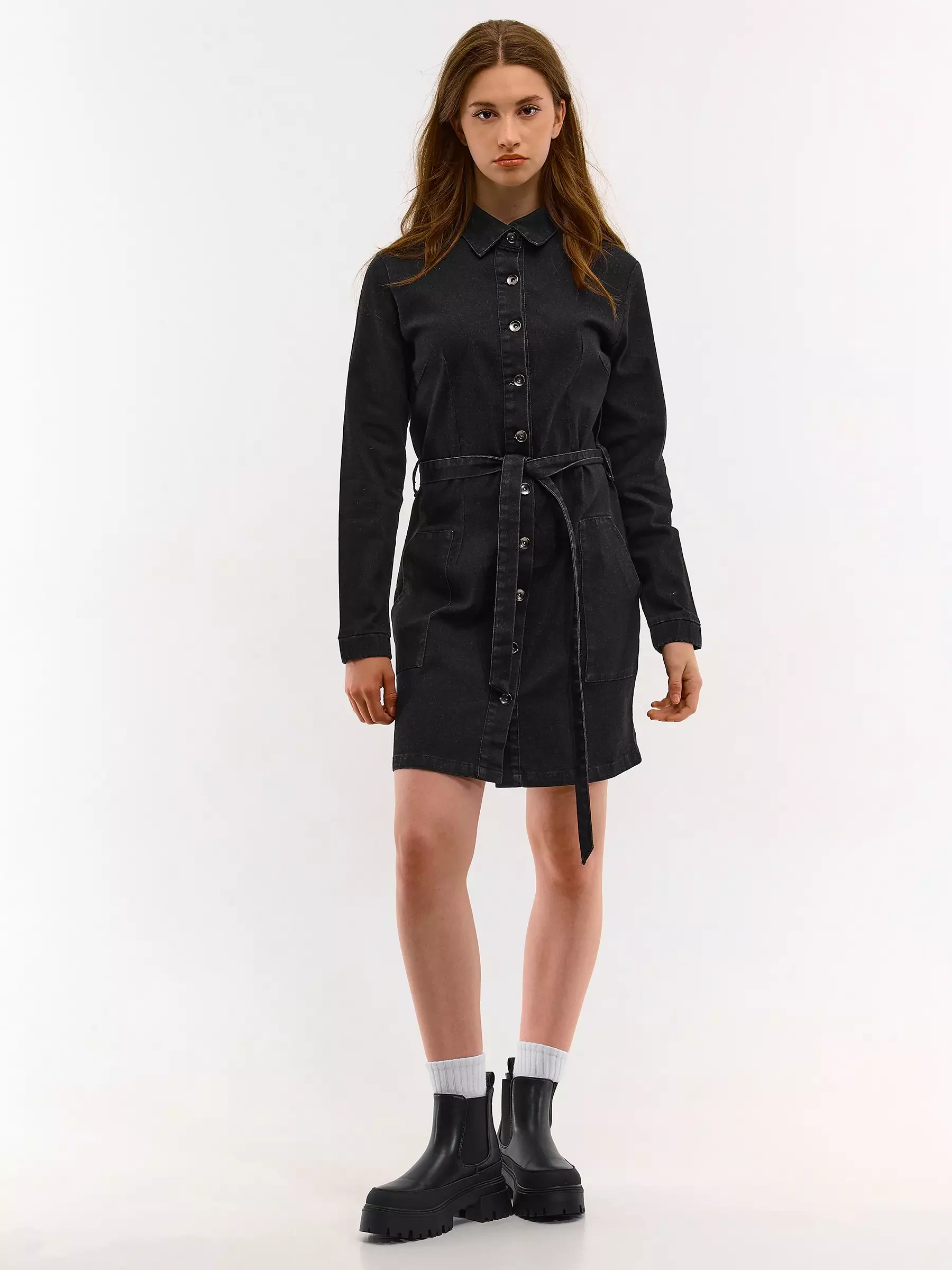 denim dress with black belt Elegant Denim Dress With Belt, Long Sleeve Denim Dress, Winter Shirt Dress, Elegant Vest Dress, Multipurpose Outfit, Plus Size Clothing