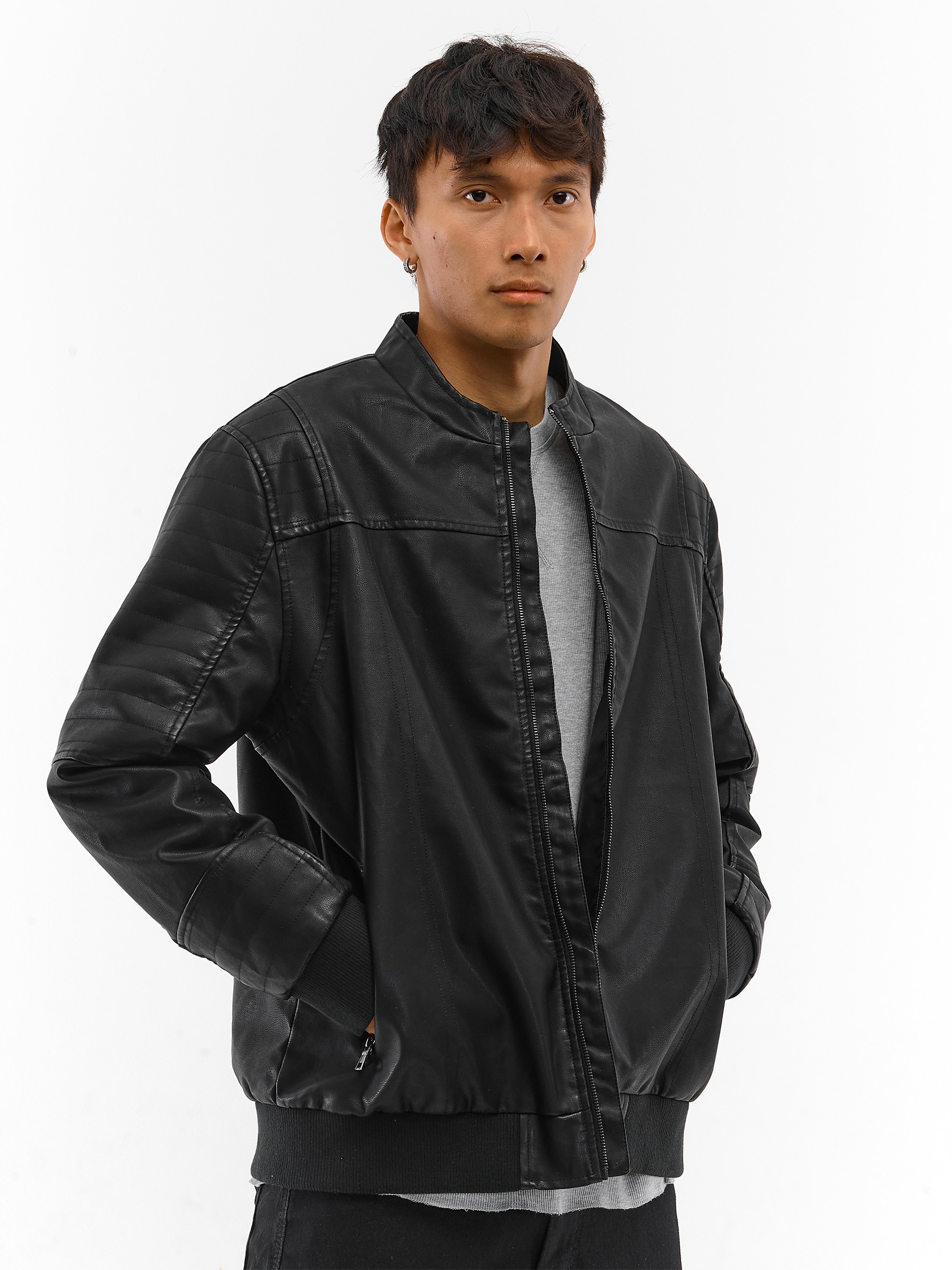 Padded Faux Leather Bomber Jacket