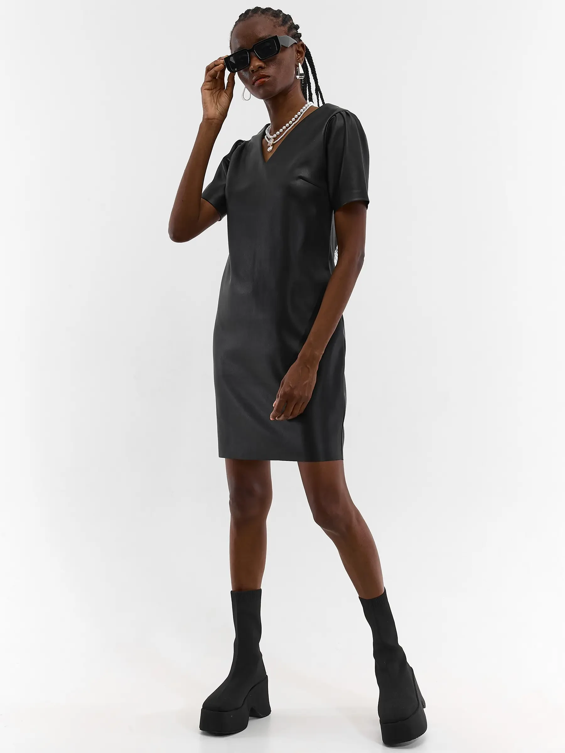 short sleeve faux leather dress Black Faux Leather Scallop Detail Short Ruffle Sleeve Dress