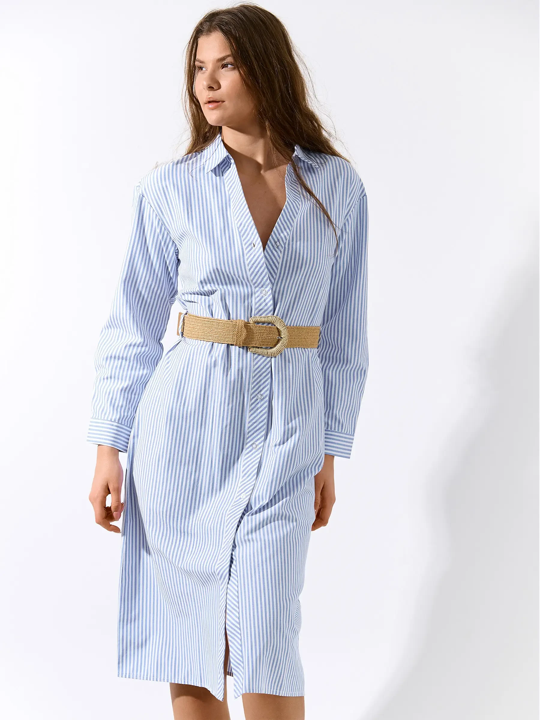 ladies striped dress with belt Striped shirt dress