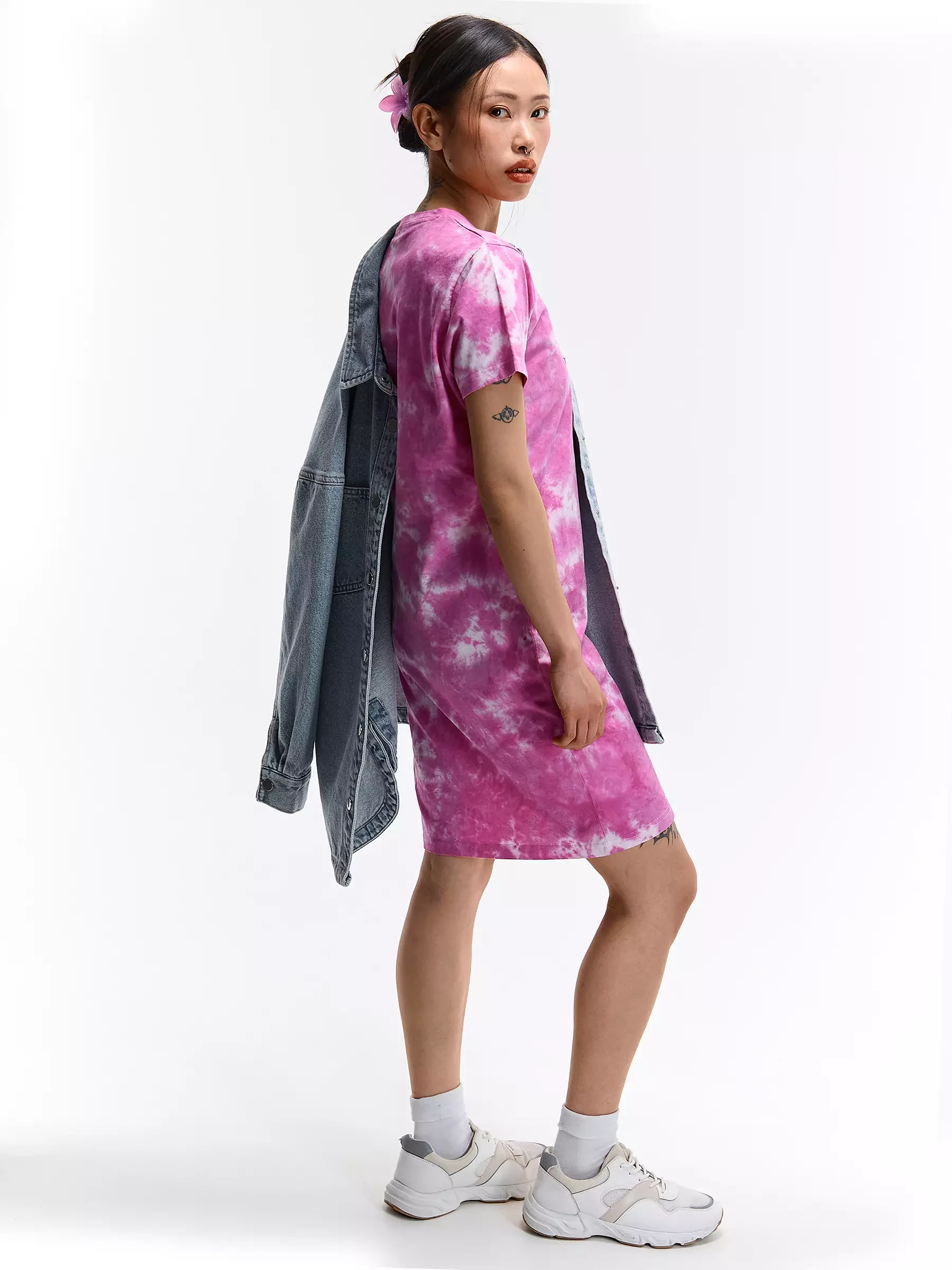 pink acid wash dress Muchica Hot Pink Plus Size Dresses Acid Wash T-Shirt Long Slit High Neck Regular Sleeve Knitted Fabric Casual Daily Midi Tee,4XL