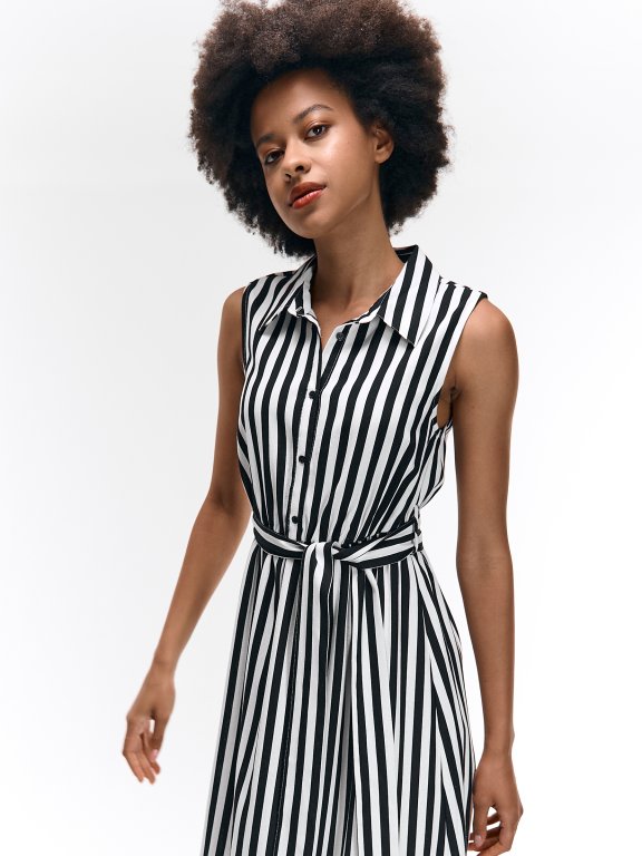 Striped linen blend dress with belt | GATE