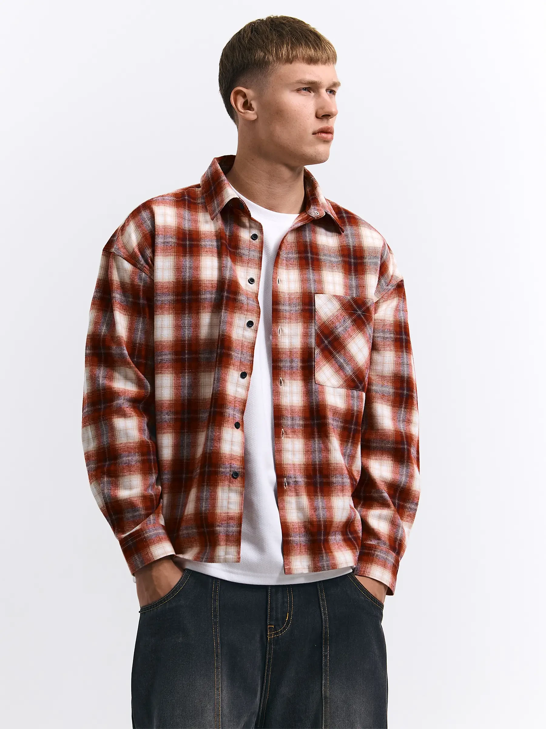 Oversized boxy fit plaid flannel shirt | GATE